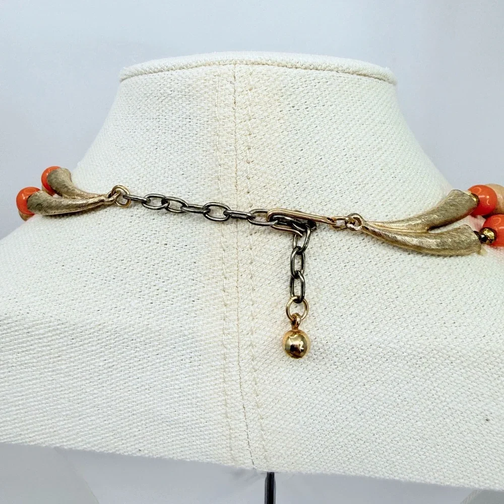 Arthur Pepper Vintage Necklace Double Strand Wood Stone Coral‎ Bead Mid Mod